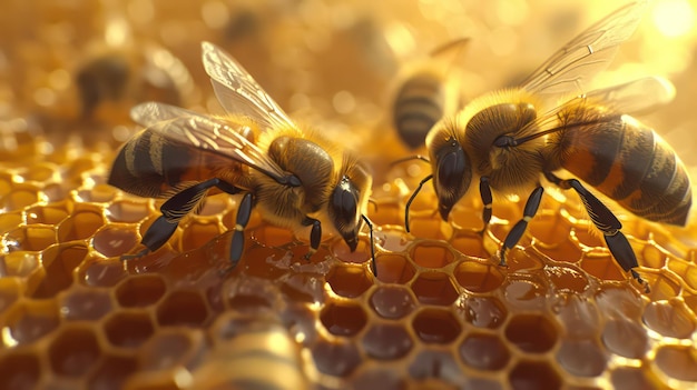 Vue rapprochée des abeilles ouvrières sur les hiveaux