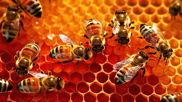 Vue rapprochée des abeilles qui travaillent sur des cellules d'abeilles avec une IA générative de miel doux