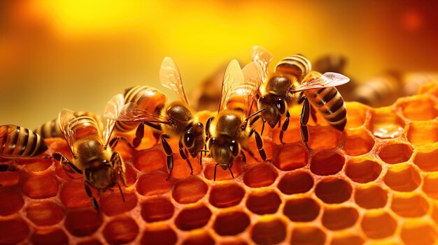 Vue rapprochée des abeilles travaillant sur les cellules du miel Les abeilles mellifères sont collectées dans des ruches IA générative