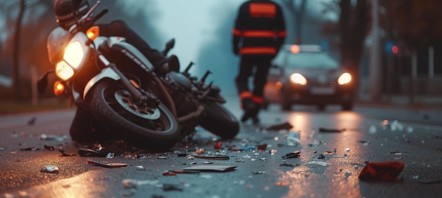 Vue rapprochée d'un accident de moto avec des débris éparpillés sur la route