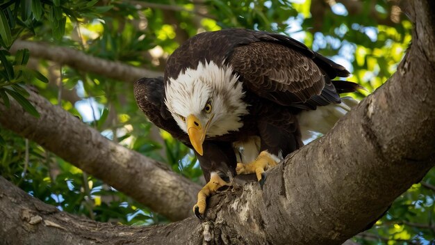 Une vue rapprochée d'un aigle à tête blanche sur une branche d'arbre à la recherche de sa proie