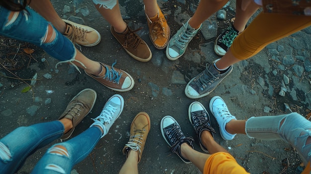 Photo vue rapprochée d'amis à 39 pieds dans un cercle symbolisant le lien indissoluble qu'ils partagent le jour de l'amitié