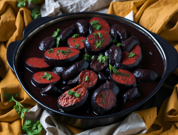 Vue rapprochée d'une appétissante Feijoada brésilienne traditionnelle et pleine de saveur avec sa viande juteuse et ses haricots noirs crémeux générés par l'IA