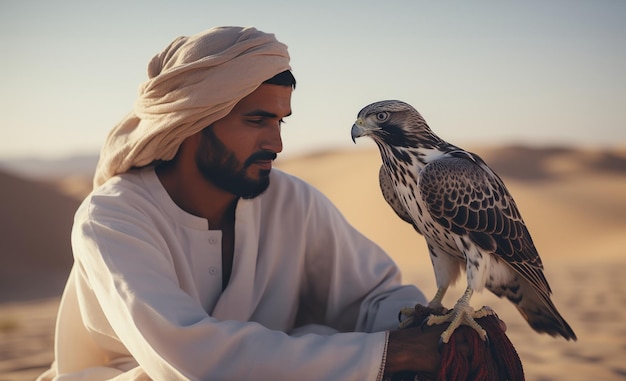 Vue rapprochée d'un Arabe entraînant un faucon dans le désert