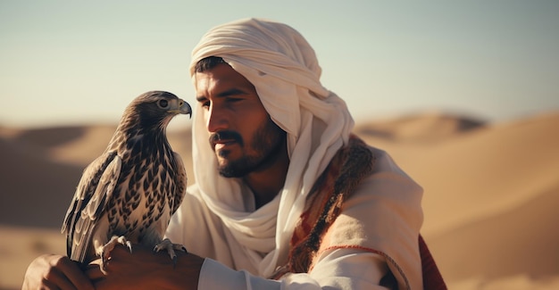 Vue rapprochée d'un Arabe entraînant un faucon dans le désert