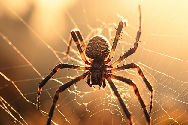 Vue rapprochée de l'araignée sur sa toile au soleil