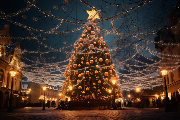 vue rapprochée d'un arbre de Noël sur une place en Europe avec de nombreuses guirlandes éclairées neige festive