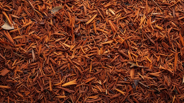 Vue rapprochée de l'arrière-plan texturé fait de feuilles de thé rouge rooibos séchées