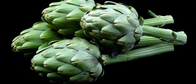 Vue rapprochée des artichauts verts biologiques frais et crus isolés sur un fond noir Nourriture végétarienne saine Légumes crus Arrière-plan végétalien