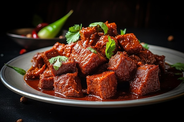 Photo vue rapprochée d'une assiette d'agneau vindaloo épicé