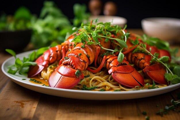 Vue rapprochée d'une assiette de pâtes de homard