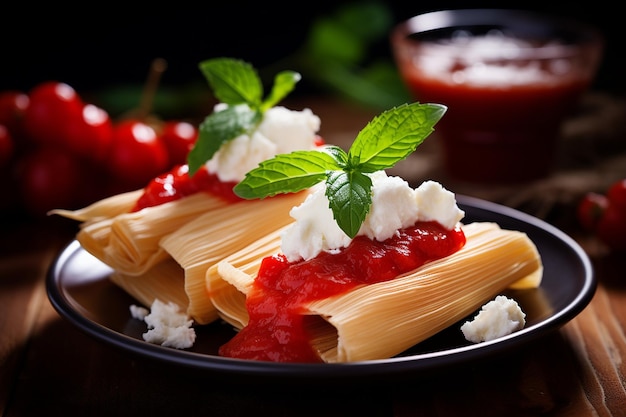 Vue rapprochée d'une assiette de tamales mexicains surmontés de salsa verde et de crème