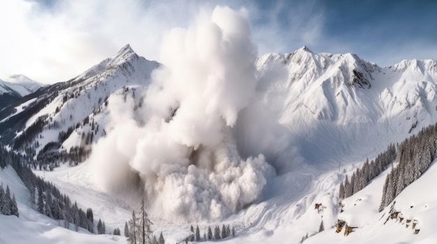 Vue rapprochée d'une avalanche de neige dans les montagnes