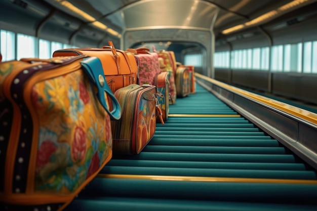 Vue rapprochée des bagages sur le tapis roulant créé avec l'AI génératif