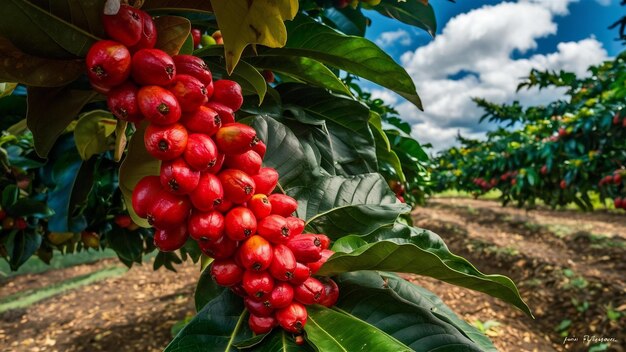 Photo vue rapprochée d'une baie de café arabica organique fraîche en maturation sur une plantation d'arbres avec un espace de copie frais.