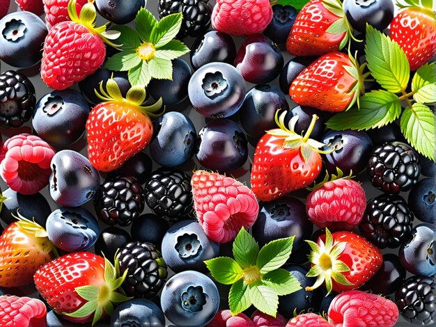 Vue rapprochée de baies mélangées de fraises de myrtille de fraise de bleuet de framboise avec des feuilles vertes