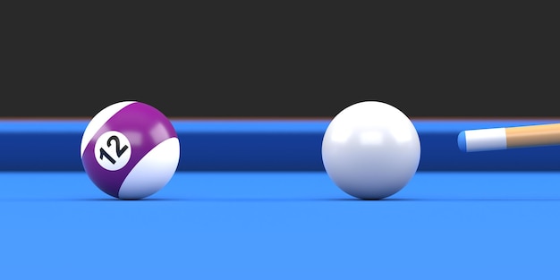 Vue rapprochée de la balle de billard numéro douze en couleur violette et blanche sur la table de billard 3D