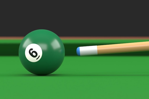 Photo vue rapprochée de la balle de billard numéro six couleur verte sur la table de billard snooker viser la balle blanche rendu 3d