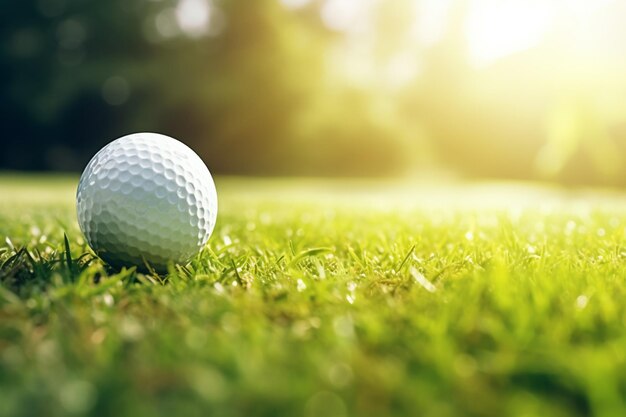 Vue rapprochée d'une balle de golf sur l'herbe verte du parcours de golf. Une journée ensoleillée sur un fond flou.