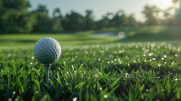 Vue rapprochée d'une balle de golf sur un tee au lever du soleil sur un parcours de rosée