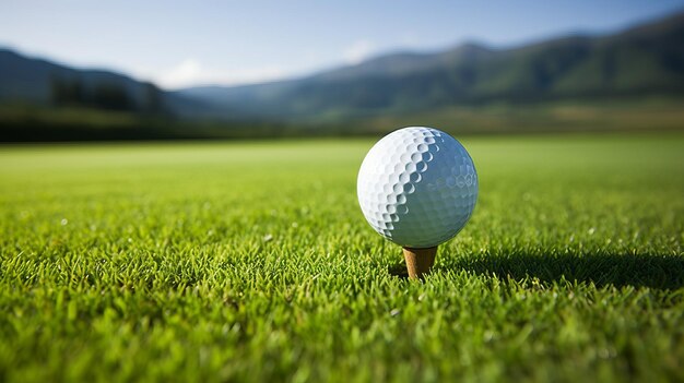 Vue rapprochée d'une balle de golf sur un tee contre le fond flou d'un parcours de golf