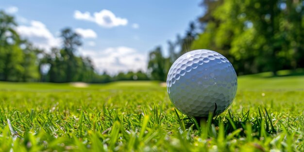 Vue rapprochée de la balle de golf sur le tee par une journée ensoleillée sur le parcours