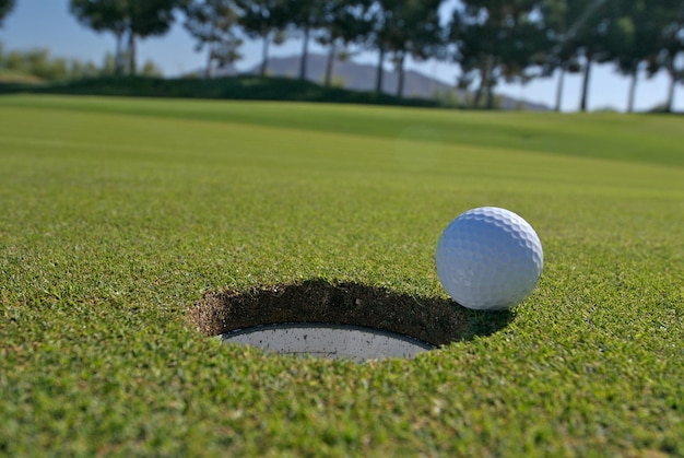 Vue rapprochée d'une balle sur un terrain de golf