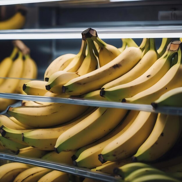 Vue rapprochée des bananes sur l'étagère dans un récipient réfrigérateur ouvert