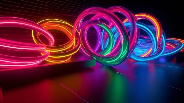 Vue rapprochée des bandes lumineuses en spirale multicolores au néon