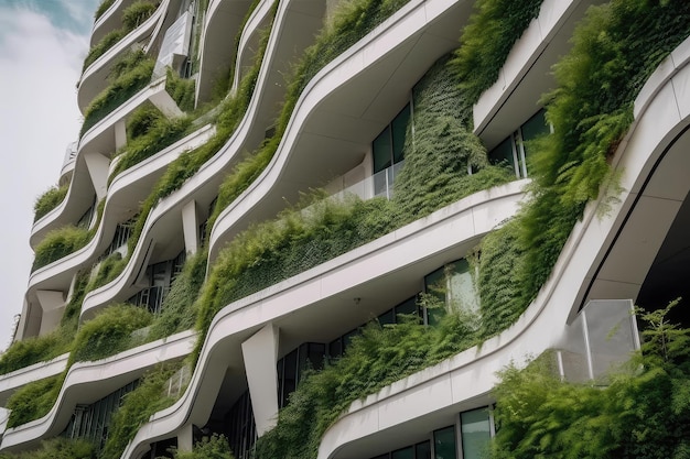 Photo vue rapprochée d'un bâtiment futuriste au design durable avec jardin vertical generative ai aig18