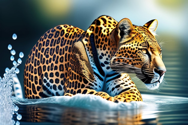 Vue rapprochée d'un beau léopard dans l'eau d'un prédateur dangereux dans son habitat naturel Art numérique