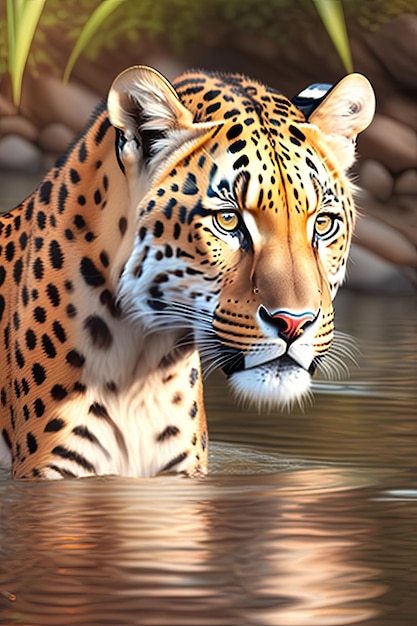 Vue rapprochée d'un beau léopard dans l'eau d'un prédateur dangereux dans son habitat naturel Art numérique
