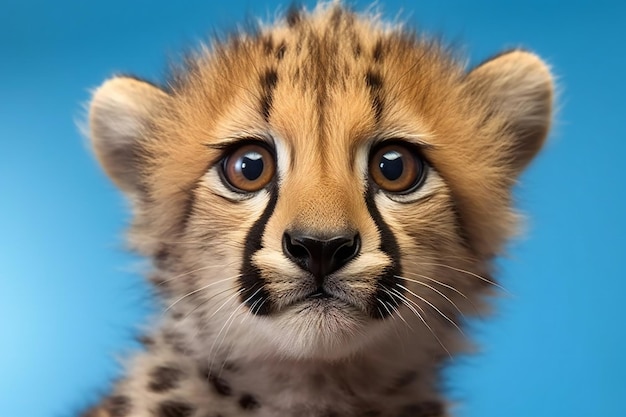 Vue rapprochée d'un bébé guépard sur fond bleu