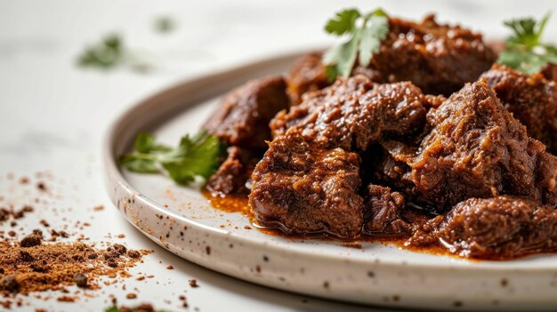 Vue rapprochée de Beef Rendang sur un fond blanc