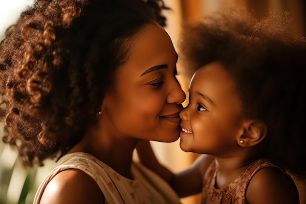 Vue rapprochée d'une belle fille embrassant sa mère sur la joue à la maison une petite fille africaine embrassant une mère heureuse