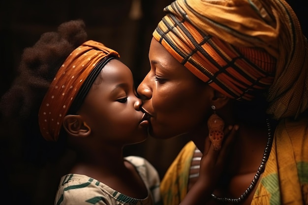 Vue rapprochée d'une belle fille embrassant sa mère sur la joue à la maison une petite fille africaine embrassant une mère heureuse