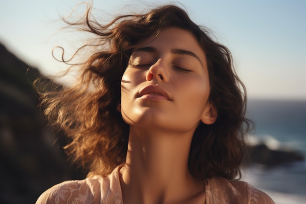 Vue rapprochée d'une belle jeune femme détendue avec les yeux fermés au bord de la mer