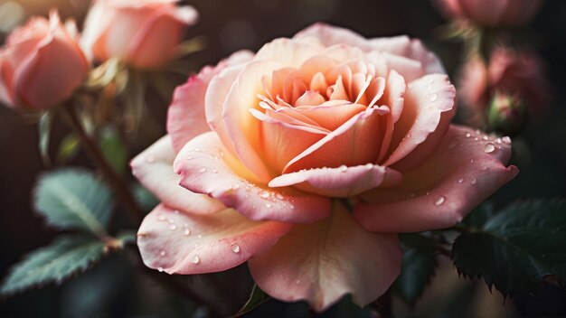 Vue rapprochée d'une belle rose rose avec de la rosée