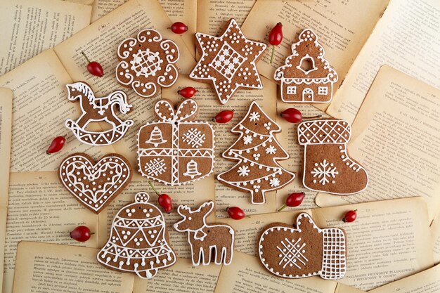 Vue rapprochée des biscuits de Noël sur des papiers