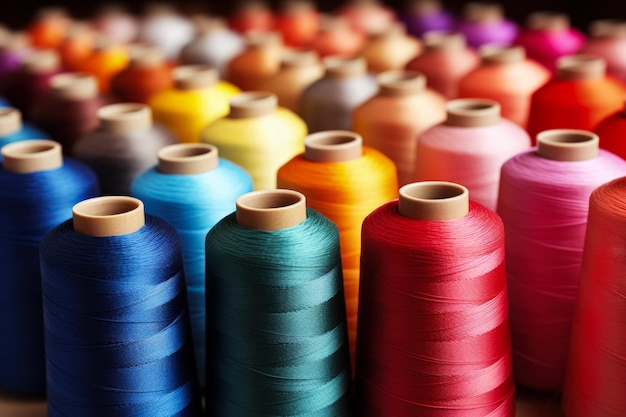 Vue rapprochée des bobines de fil coloré dans une usine textile isolée sur un fond en gradient