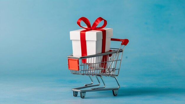 Vue rapprochée d'une boîte cadeau blanche dans un panier d'achat sur fond bleu