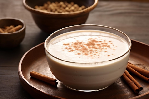 Vue rapprochée d'un bol d'horchata mexicaine rafraîchissante avec des bâtons de cannelle