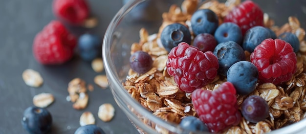 Vue rapprochée d'un bol de muesli et de baies fraîches