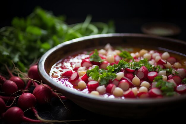 Vue rapprochée d'un bol de pozole rojo mexicain traditionnel garni de radis et de citron vert