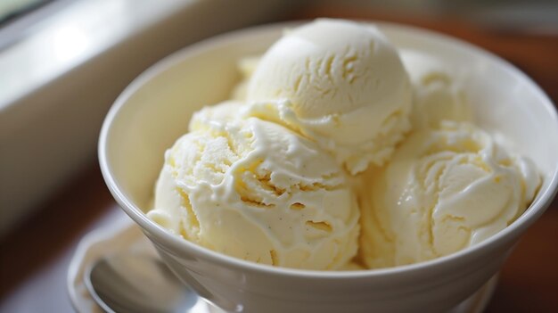 Photo vue rapprochée d'un bol rempli de boules de crème glacée à la vanille crémeuse