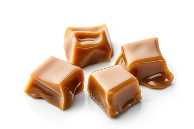 Vue rapprochée de bonbons au caramel fondu sur fond blanc