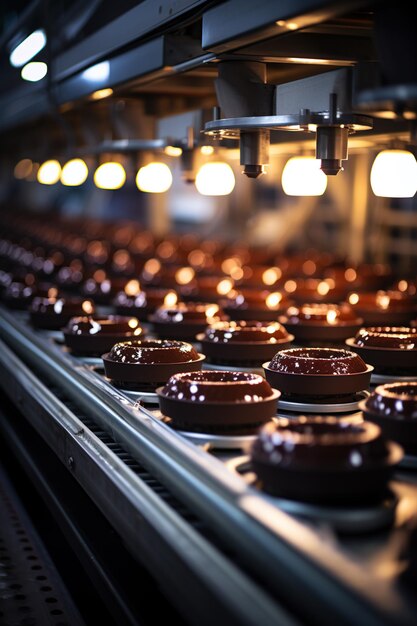 Une vue rapprochée des bonbons au chocolat en train d'être moulés sur une ligne de production dans une usine de confiserie avec une atmosphère d'éclairage chaude AI Generative