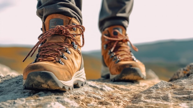 Vue rapprochée des bottes de randonnée Un alpiniste