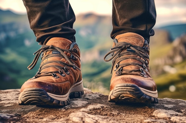 Vue rapprochée des bottes de randonnée Un alpiniste