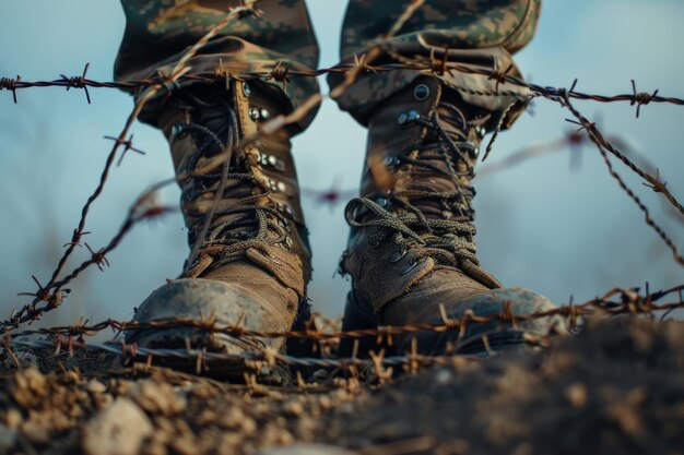 Vue rapprochée des bottes de soldat avec du fil de fer barbelé Militaire et de guerre